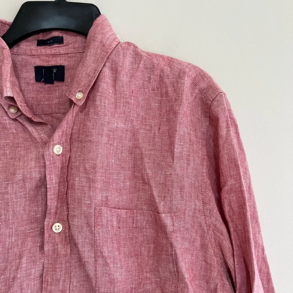 J. CREW Men's 100% Linen Slim Cut Button-Up Long Sleeve Shirt Pink Red, Medium